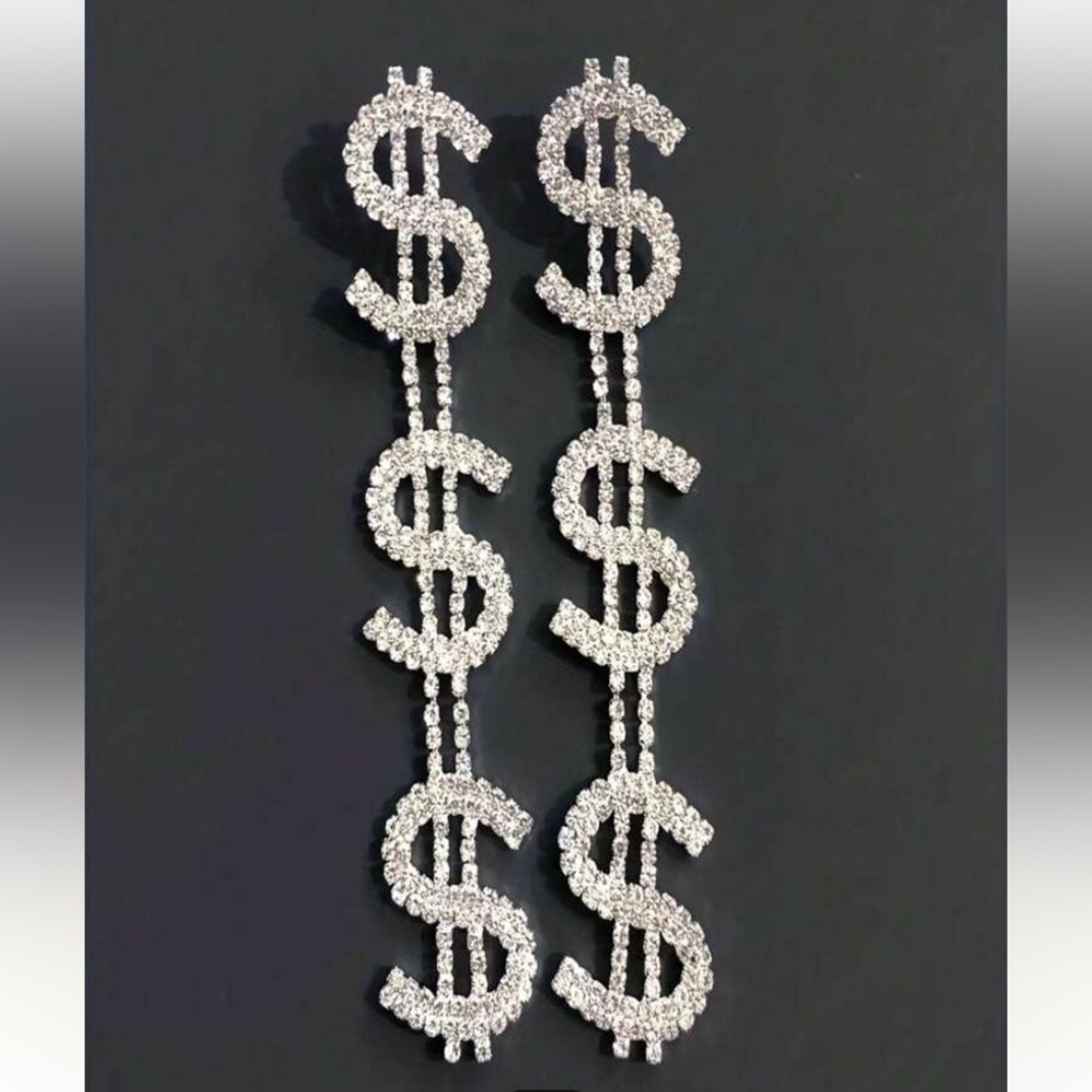 1pair Silver Dollar Sign Long Pendant Earrings Accessory Silver / one-size - Picture 2 of 3